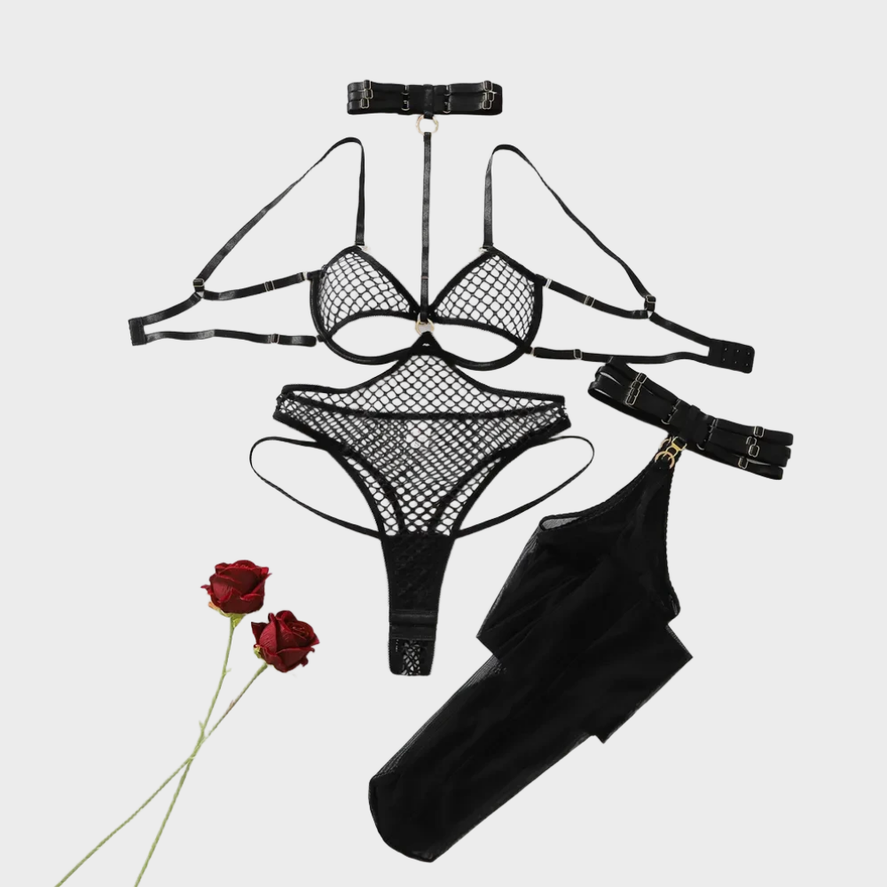 Fishnet Stocking Women - Set Lingerie Jaring Ikan Hitam untuk